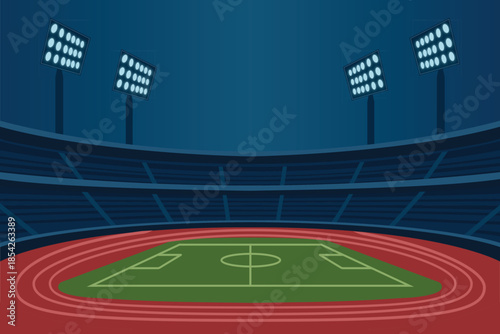 Stadium Illustration with Soccer Field and Bright Floodlights