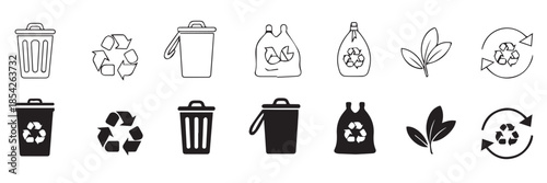 recycling symbols and bin icons for waste sorting vector set