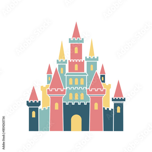 Colorful Cartoon Castle with Towers and Turrets.