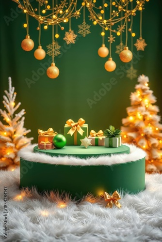 Holiday scene with presents and decorated trees in a festive setting