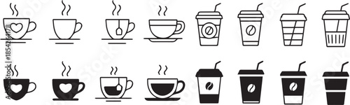 cup symbol set with mug takeaway and travel cup silhouettes