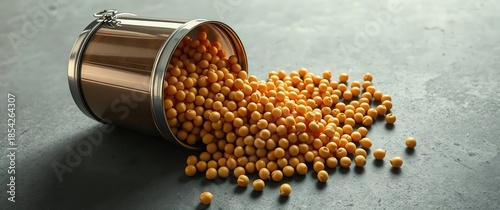 Yellow balls spill from a metal bucket on a dark surface in a kitchen setting