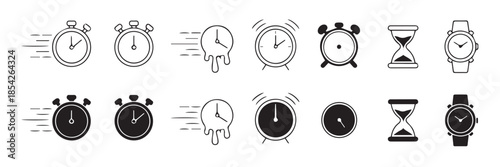 time collection of clock and watch vector icons in monochrome