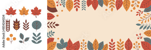 autumn background border with leaves wheat pear for card design