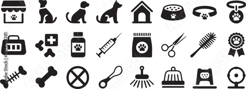 pet supplies icons including collar bowl carrier and toy