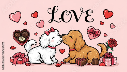 Valentine’s Day Cute Dog Couple – Romantic Vector Illustration with Hearts and Love Elements