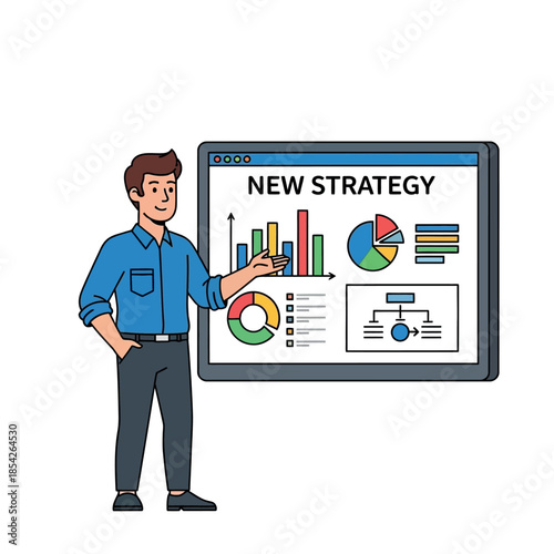 Businessman presenting new business strategy on screen.
