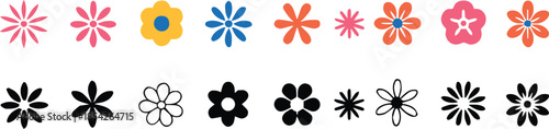 flower line art and filled flower icons for logo and pattern