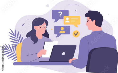 interview consultation scene with laptop speech bubbles and profiles