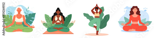 Vector Yoga Pose Illustration Collection Showing People Practicing Balance, Stretching and Relaxation Exercises