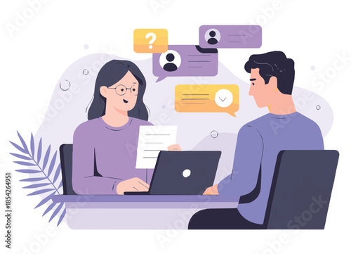 interview two people at desk consultation with speech icons and plant