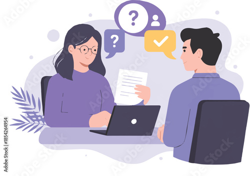 interview desk conversation with laptop speech bubbles and documents