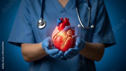 Medical Doctor Demonstrating 3D Heart Anatomy Model with Stethoscope for Cardiology Education & Healthcare Visuals