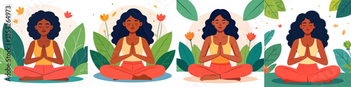 Set of Vector Illustrations of Women Meditating in Yoga Poses Showing Calm, Mindfulness and Relaxation, Flat Style Characters Practicing Meditation and Wellness, Ideal for Yoga, Mental Health