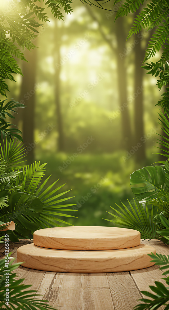 Obraz premium Wooden Two-Tier Display in Bright Sunlit Forest with Green Tropical Foliage.