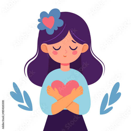 Cute girl hugging a heart. Happy Valentine's Day card with young woman with pink heart. Perfect for mental health topics, self-care concepts, love, compassion, mindfulness, positive psychology designs