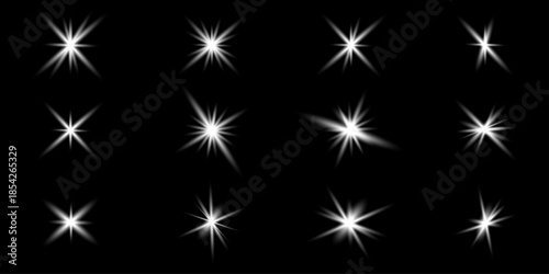 White Starburst Light Effects on Black Background, Glowing Sparkle Flares and Shining Lens Bursts, Abstract Radiant Light Collection for Overlay, Decoration, Night Design, Digital Art Use