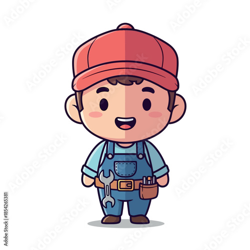 Cartoon Handyman with Toolbox and Wrench.