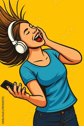 Happy girl wearing headphones singing and dancing with flying hair on a vibrant yellow background.
