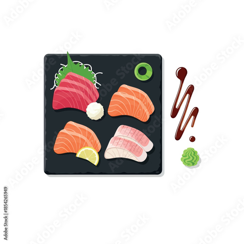 Sushi Pieces on Black Plate with Garnish.