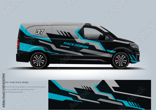 A modern grey racing wrap enhanced with cyan highlights for a futuristic and technical motorsport appearance.