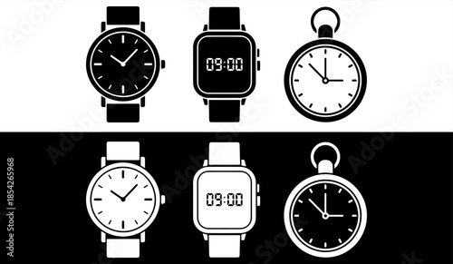 Collection of different types of watches and clocks