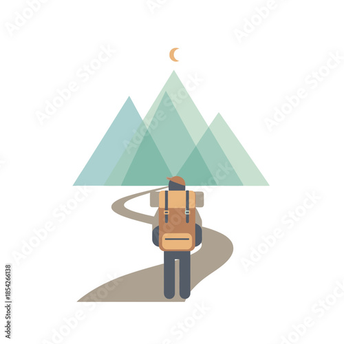 Backpacker with Large Backpack Walking Towards Mountains.