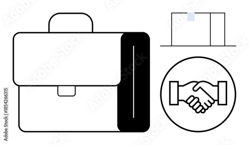 Business concept. Business icons display professionalism with a briefcase, handshake, and document symbols. Business include partnerships, deals, organizations, management, and corporate culture