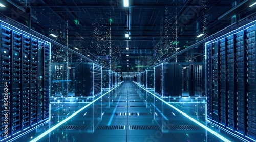 Modern data center facility showcasing advanced digital infrastructure for cloud computing, data storage, and network security. Represents high-performance technology, big data processing, artificial 