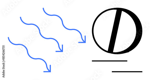 Blue flowing arrows indicating movement or direction next to a bold circular motif with diagonal and horizontal lines. Ideal for energy, motion, physics, momentum, progress, transformation, simple