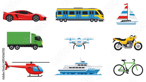 Various transport methods car, train, boat, truck, drone, motorcycle, helicopter, ship, and bicycle in a set