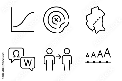 Language Evolution Icons. Line style icons of Language Change Over Space: gradual accent curve, spreading feature wave, shifting