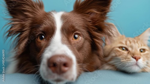Cute dog and cat relaxing together with bright blue background in cozy home setting