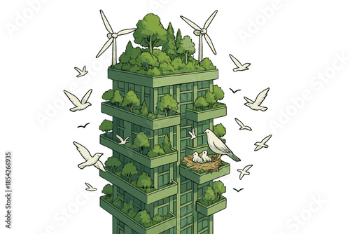 Eco-Friendly Skyscraper. Green skyscraper with rooftop forests, wind turbines spinning happily, and birds nesting on balconies No