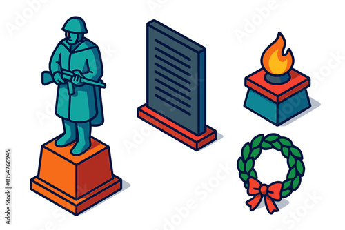 War Memorial Icons. Isometric vector illustration set War Memorial Elements: Stone soldier statue, engraved name wall, eternal
