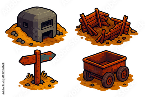 Forgotten Frontlines Icons. Isometric vector illustration set Forgotten Frontlines: Deserted bunker, trench with collapsed