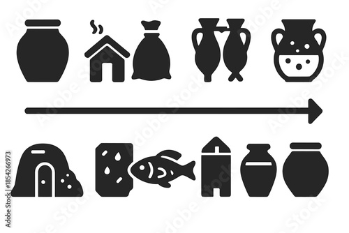 Food Preservation Icons. Solid style icons of food preservation history: clay storage jar, smokehouse hut, salt sack, drying rack,