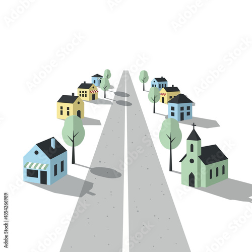 Colorful Houses and Church on Road.