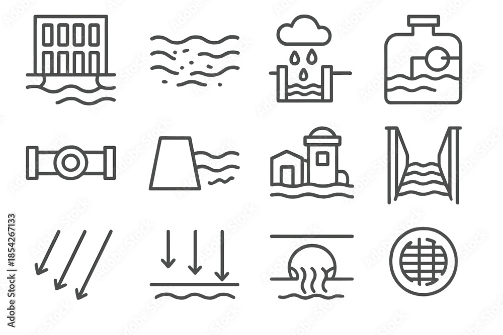 Fototapeta premium Urban Hydrology Icons. Line style icons of urban hydrology: storm drain, river, pollution, treatment; water pipe, reservoir,
