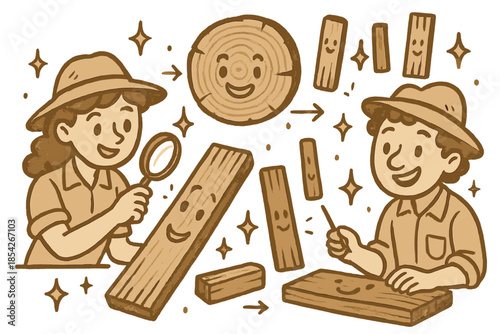Cheerful Archaeological Doodles. Playful doodle dating wooden artifacts with happy archaeologists, cartoon planks and beams
