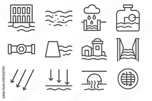 Urban Hydrology Icons. Line style icons of urban hydrology: storm drain, river, pollution, treatment; water pipe, reservoir,
