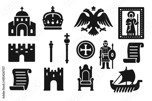 Byzantine Icons Collection. Solid style icons of Byzantine Empire: domed church, imperial crown, double-headed eagle, mosaic panel