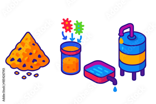 Bioleaching Process Stages. Isometric vector illustration set Bioleaching Process Stages: Crushed ore pile, inoculation with