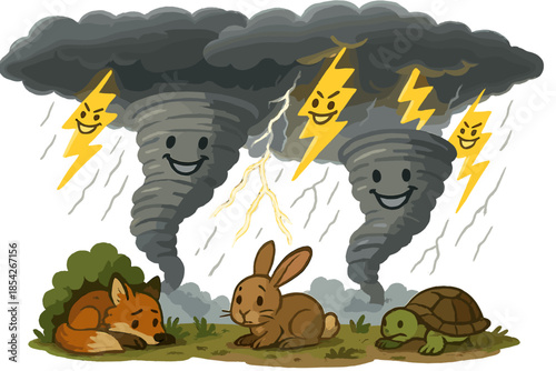 Smiling Storm Chaos. Severe storm scene with friendly tornadoes spinning, lightning bolts grinning, and animals taking cover