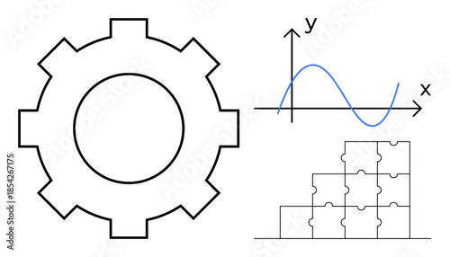 Business strategy. Gear, graph, and puzzle pieces comprehensive business strategy. Strategic planning through analysis and efficiency. For teamwork, problem-solving, data analysis, innovation