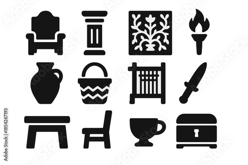 Palace Life Icons. Solid style icons of Palace Life: Throne, Pillar, Painted Wall, Torch, Jar, Basket, Loom, Dagger, Table, Chair,
