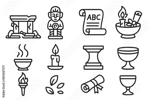 Esoteric Temple Icons. Line style icons of Esoteric Temples: Crumbling Altar, Ancient Figurine, Lost Legend, Sacred Gifts; Incense
