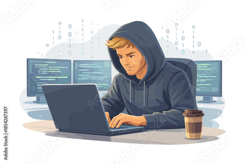 Hacker programmer working on laptop, cybersecurity and coding concept