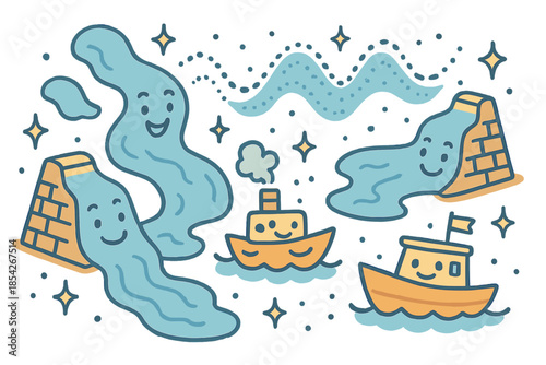 Cheerful Flood Monitoring. Friendly doodle flood monitoring illustration with happy rivers, cartoon levees smiling, cheerful boats