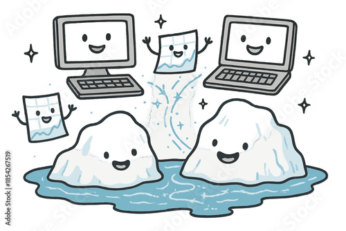Joyful Glacial Modeling. Playful doodle hydrological modeling of ice sheets with smiling computers, cartoon graphs waving,